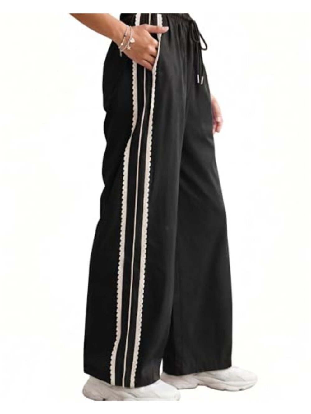 Wide Leg Sweatpants Side Lace Striped Drawstring Casual Pants